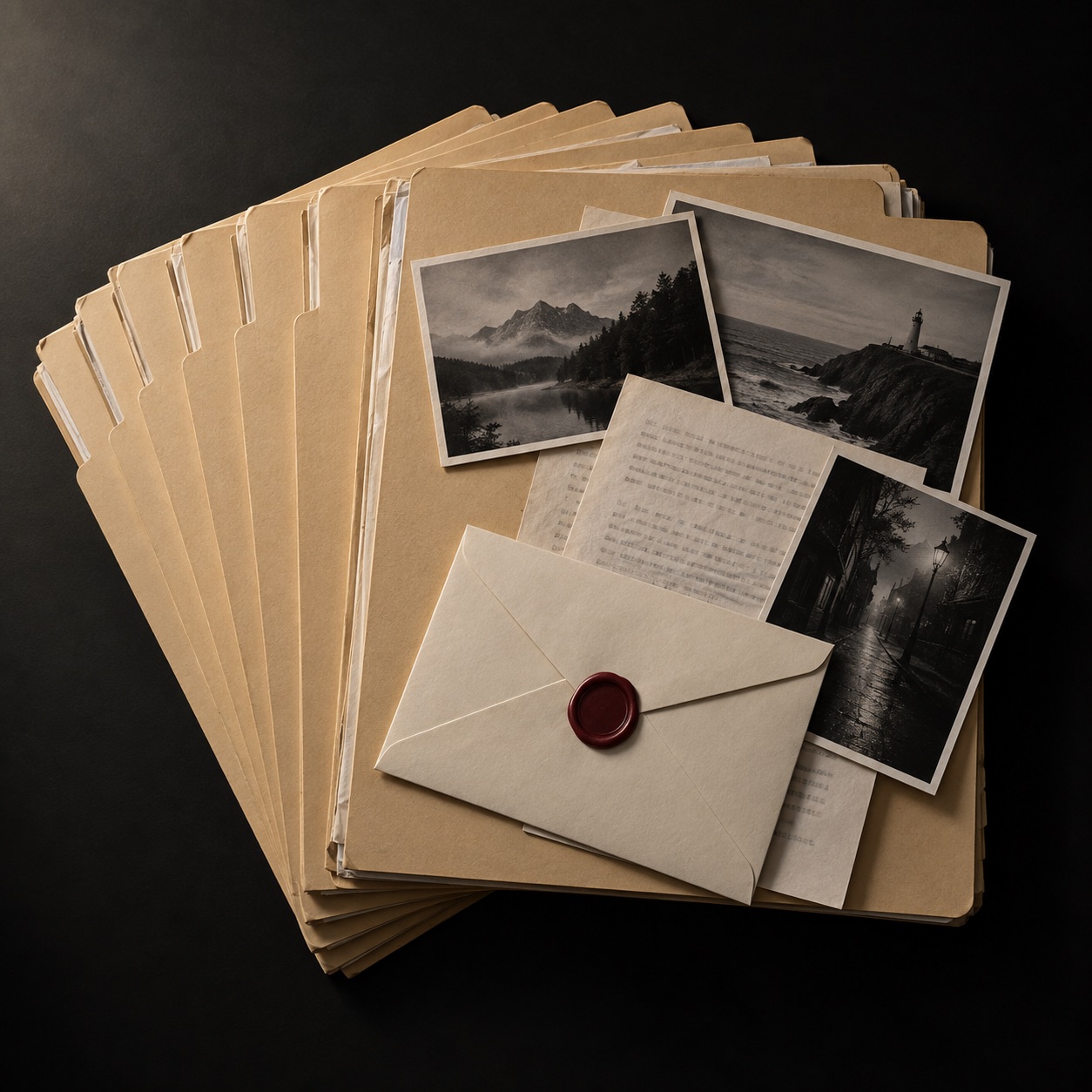 The complete Cold Case Nights collection shown as 7 stacked case folders with evidence photographs and a sealed solution envelope